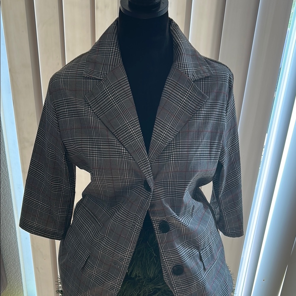 Plaid Blazer with Button Closure